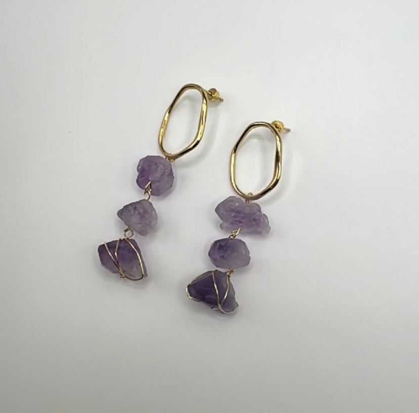 Raw Amethyst 3 Droplet Earring