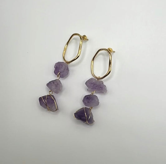 Raw Amethyst 3 Droplet Earring