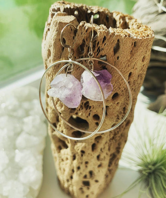 Sterling Silver and Raw Amethyst Hoop Earrings